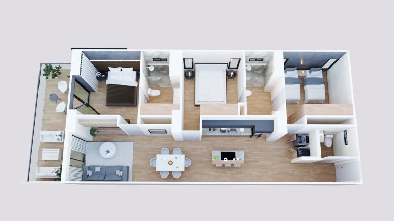Plano isométrico del modelo Almerana A1 en Vigía Sky Tower, distribución de espacios y áreas.