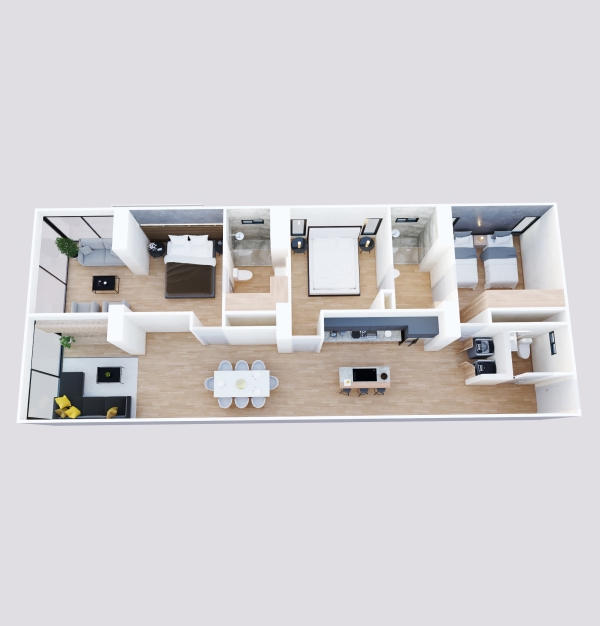 Plano isométrico del modelo Estepona en Vigía Sky Tower con tres recámaras, dos salas, comedor y área de lavado.