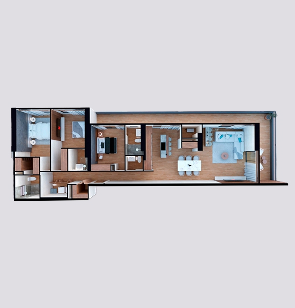 Plano isométrico del modelo Fuegirola en Vigía Sky Tower con 3 recámaras, minibar y terraza