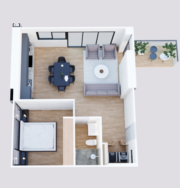 Plano isométrico del modelo Galera en Vigía Sky Tower con distribución de 1 recámara, sala, comedor, cocina, baño completo, área de lavado y terraza.