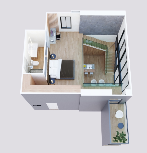 Plano isométrico de la planta alta del departamento tipo Loft A en Vigía Sky Tower, mostrando recámara y baño.