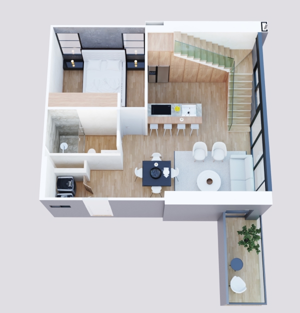 Plano isométrico de la planta baja del departamento tipo Loft A en Vigía Sky Tower, con sala, comedor y cocina.