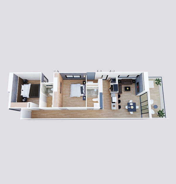 Plano isométrico de departamento Pinet de 2 recámaras en Vigía Sky Tower con sala, comedor, cocina y terraza.